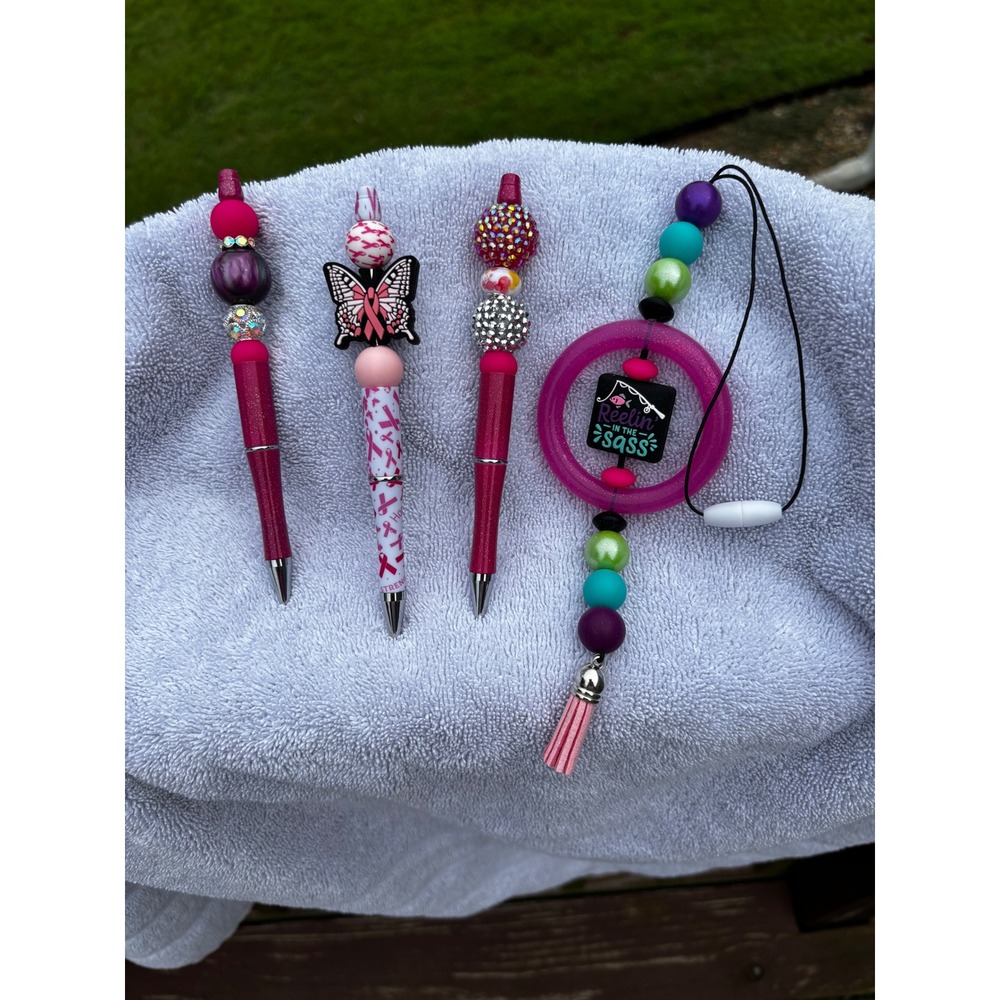 Breast Cancer Awareness Beaded Pen Set and Reelin in the Sass Wristlet Lanyard